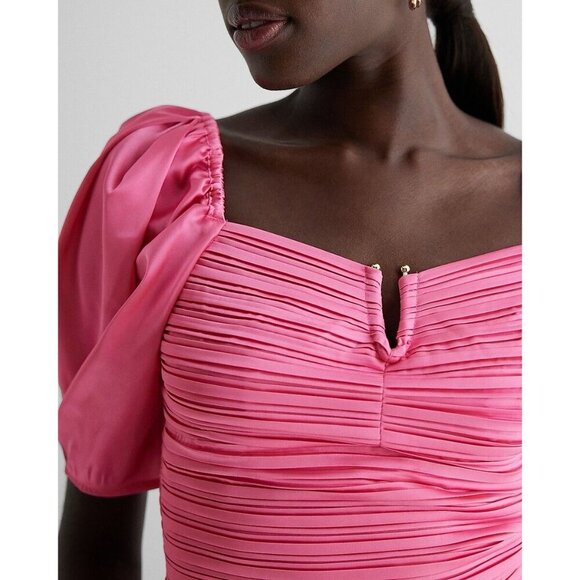 Express Women's Satin V-Bar Puff Sleeve Ruched Pleated Top Pink Size XS NWT $58 - Picture 2 of 16